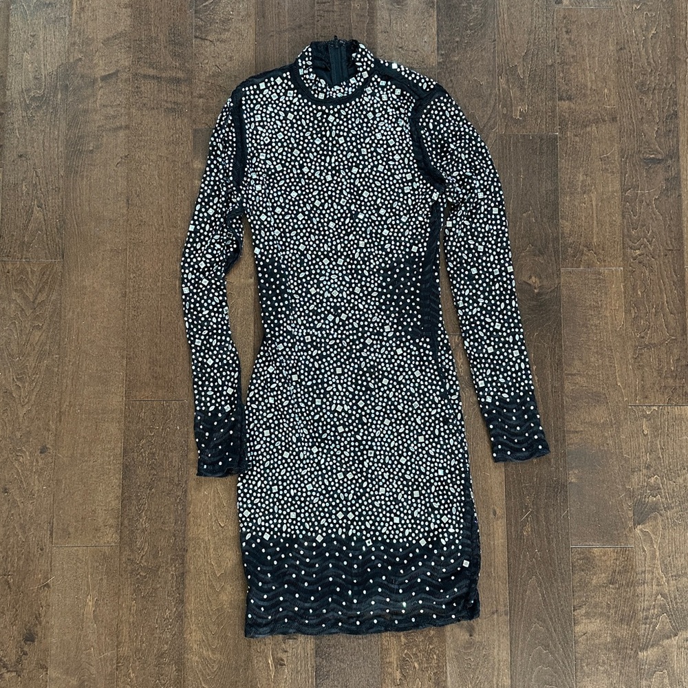 Black Long-Sleeve Beaded Mini Dress